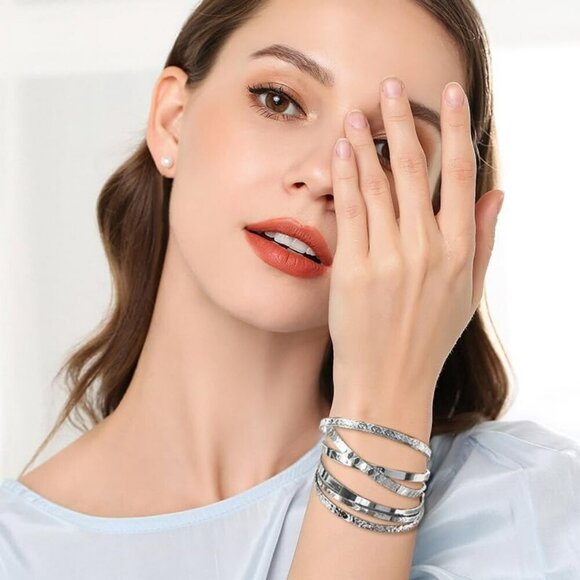 SILVER Bangles for Women, Open Adjustable Bangle Bracelets Multi Layer​ - Picture 7 of 9